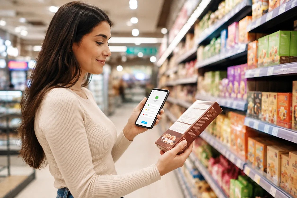 A patient at a restaurant table checking a menu against her condition rules on the AI diet assistant