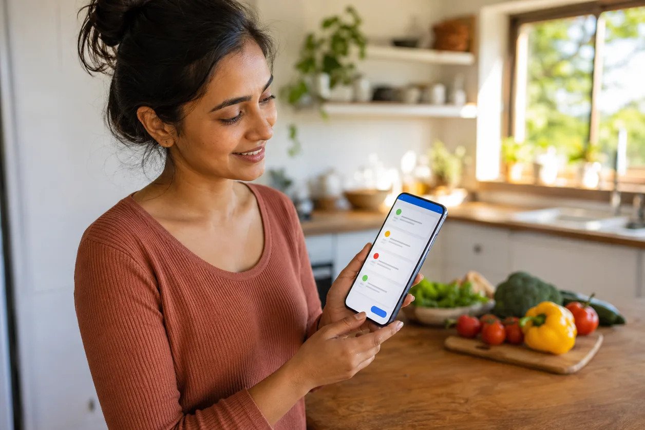 A patient reviewing an AI-generated weekly meal plan on her phone in a home kitchen