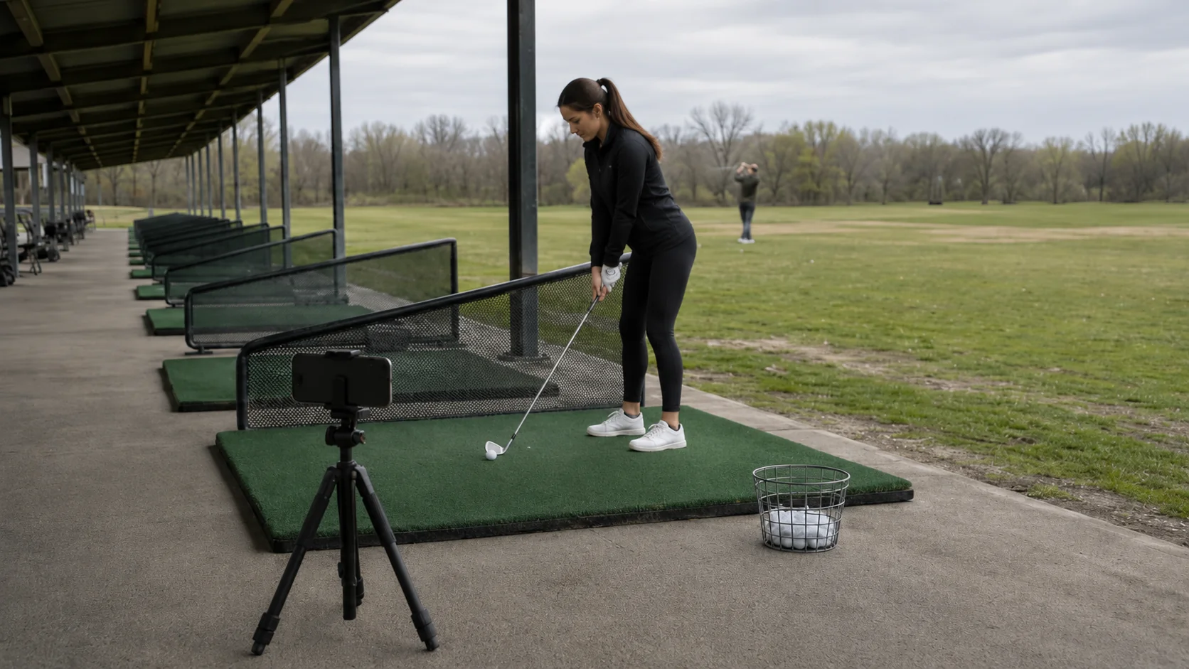 Phone on a tripod filming a golfer at an outdoor driving range bay for AI golf swing analysis