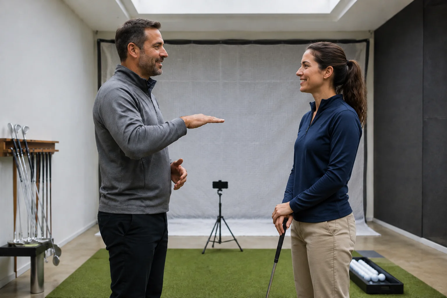 Coach and golfer talking through a change at an indoor bay, the capture phone idle behind them