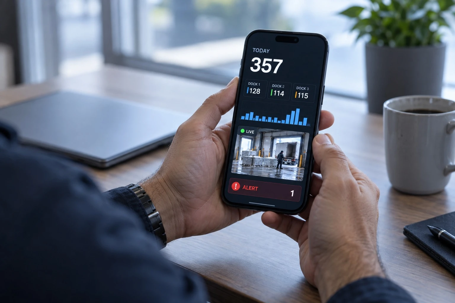 Owner's mobile app showing live ice block counts per gate with an alert