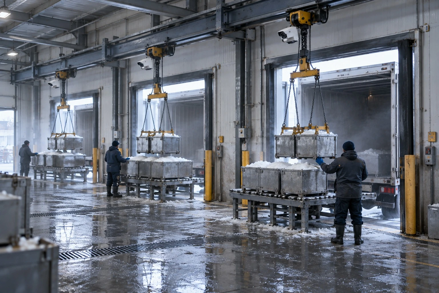 Ice plant loading gates with overhead crane containers and a dedicated counting camera above each station