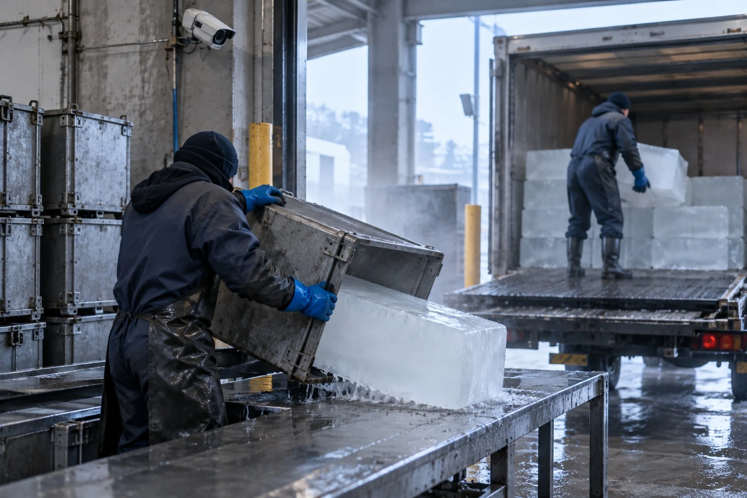 Workers unloading ice blocks from metal containers and loading a truck under the gate camera