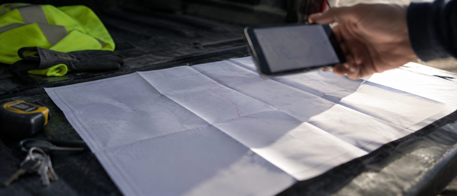 Folded site plan photographed in the field, the input quality limit for automated drawing analysis