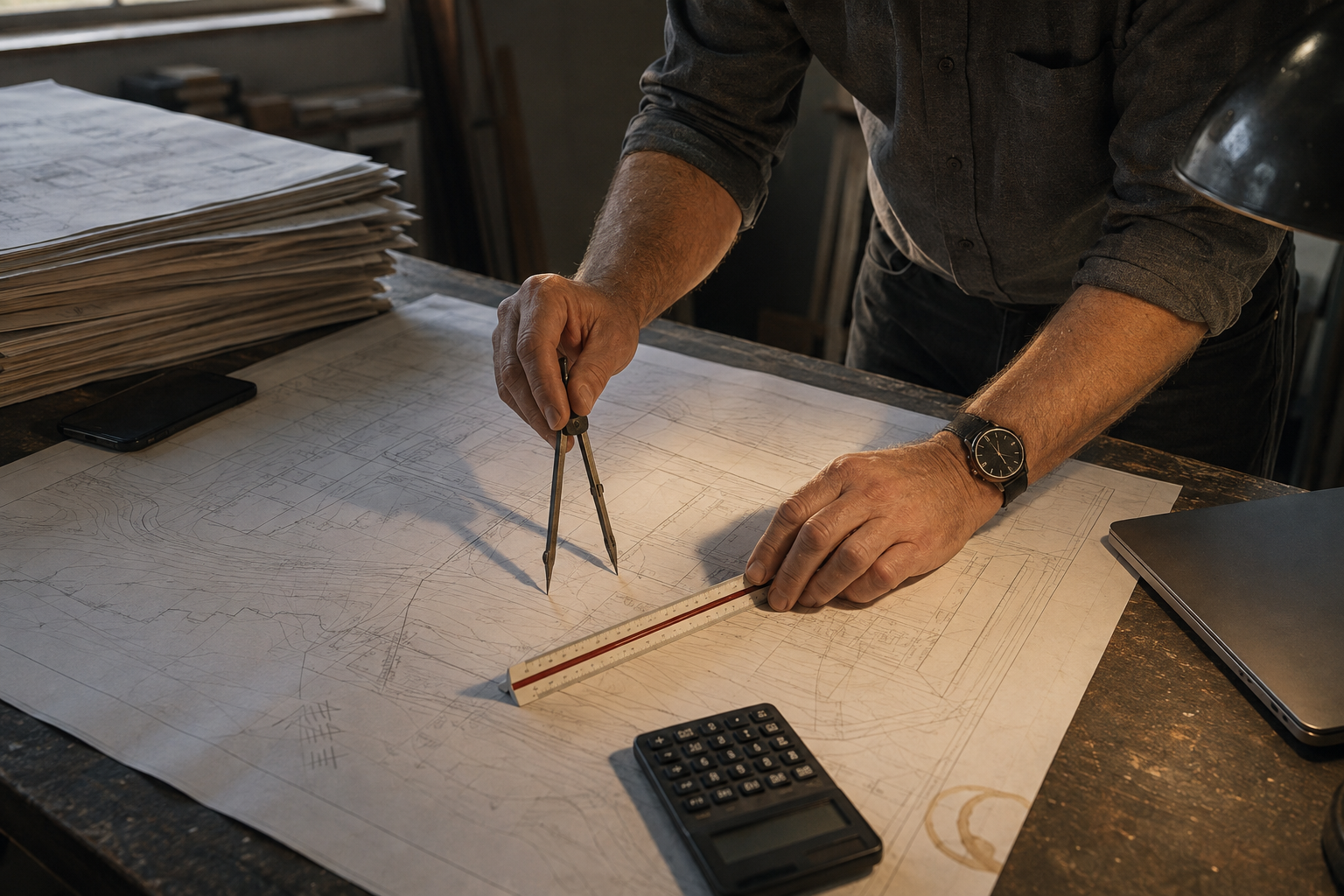 Hands measuring a printed site plan with a scale rule and dividers beside a calculator