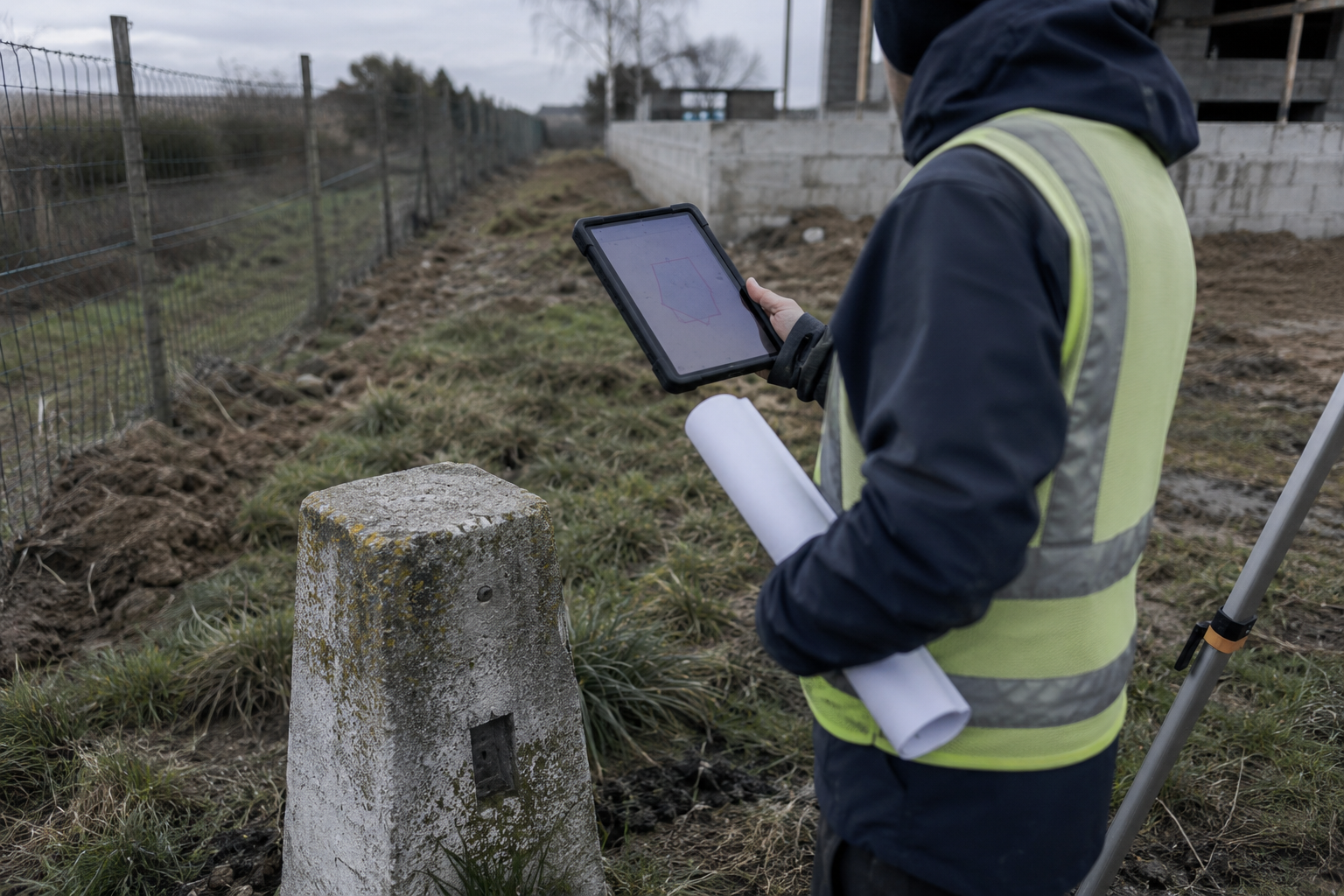 Surveyor at a boundary marker holding a rolled site plan on a land development site