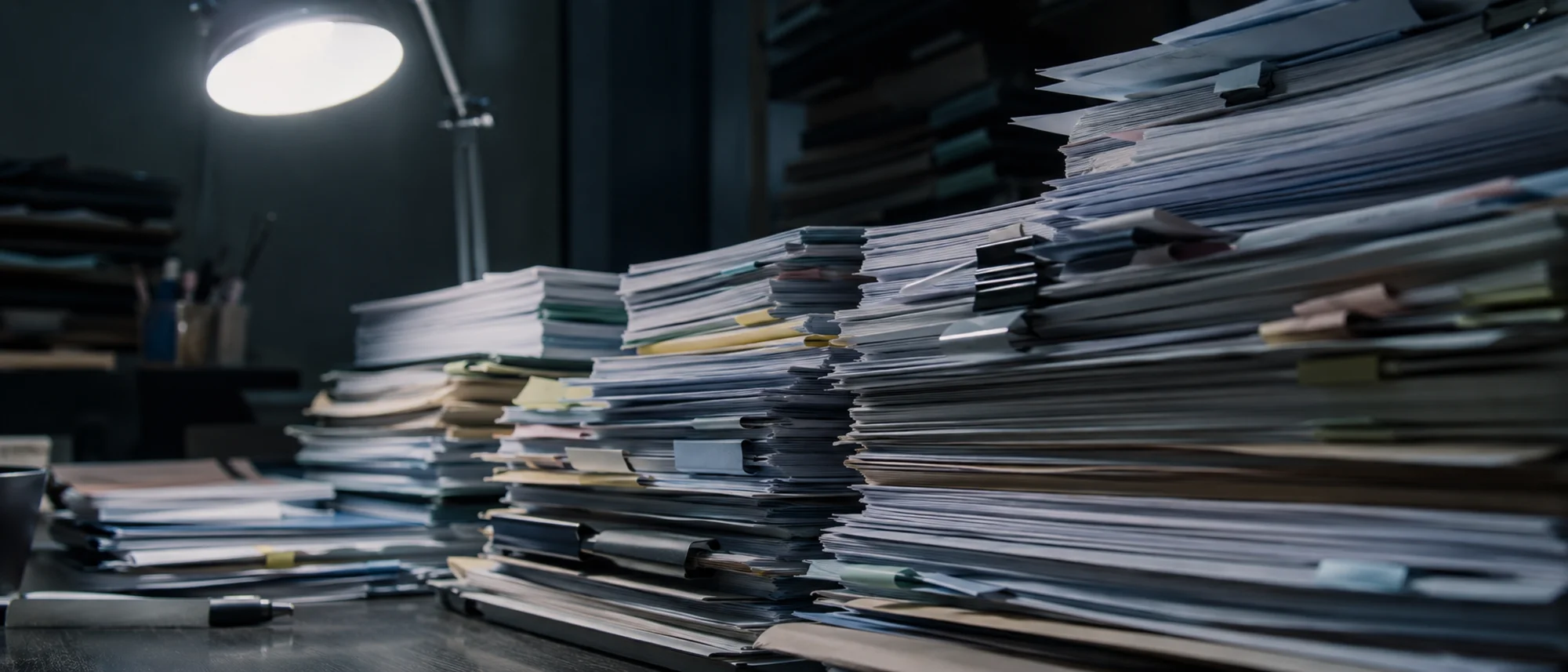 Backlog of dense medical papers awaiting evidence appraisal late at night