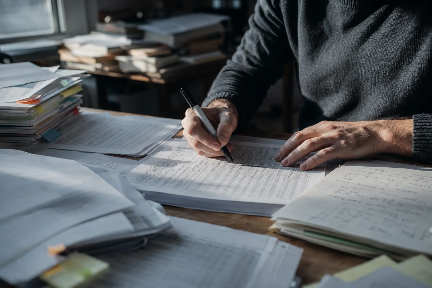 Researcher extracting clinical outcomes from a printed research paper by hand