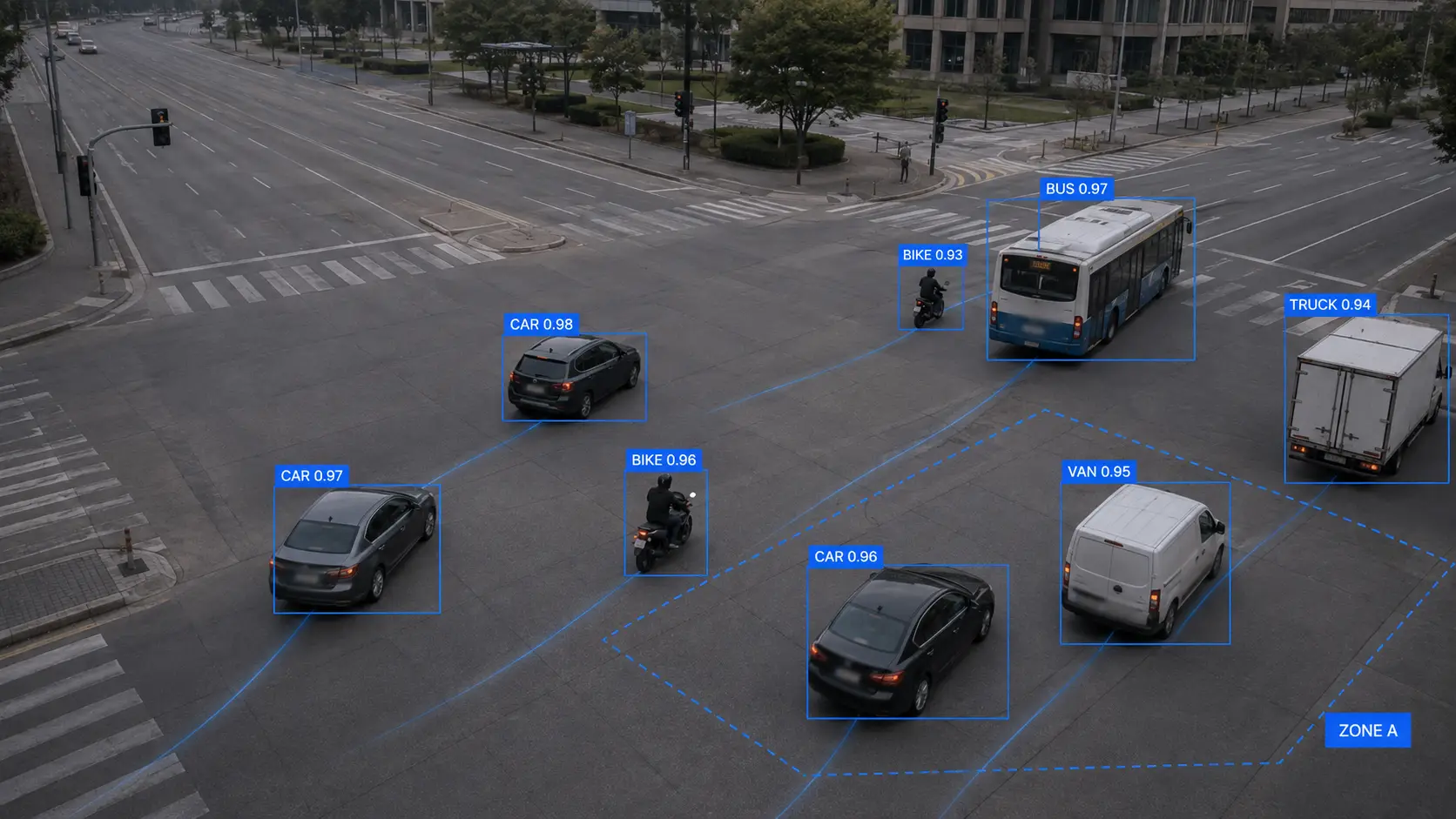 AI traffic camera view of a busy mixed-traffic junction with vehicle detection boxes for AI traffic violation detection