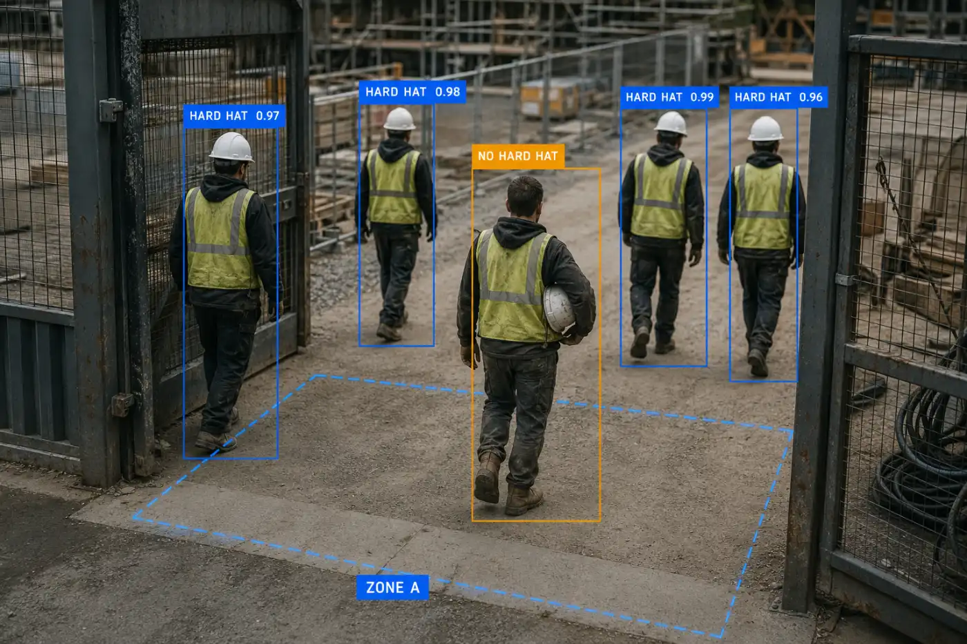 AI detection view at a construction gate checking workers for hard hats, the same roadside pattern ported