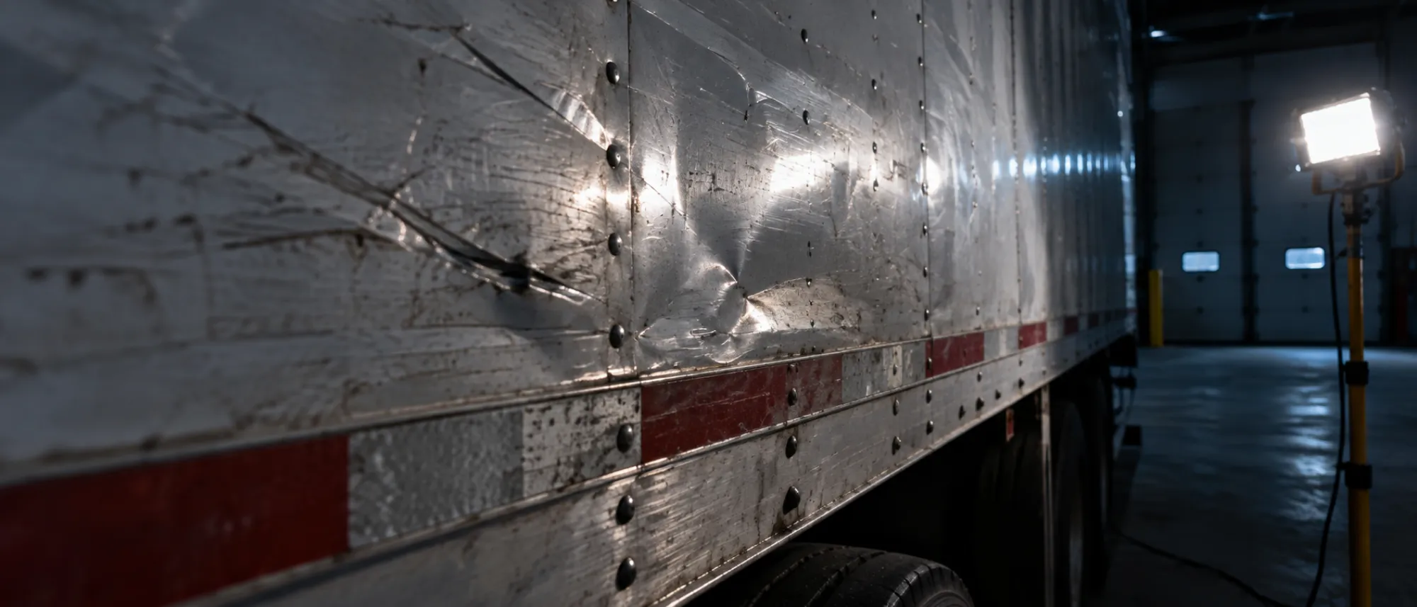 Raking work light across a scuffed aluminum truck panel, the glare that confuses vehicle damage detection