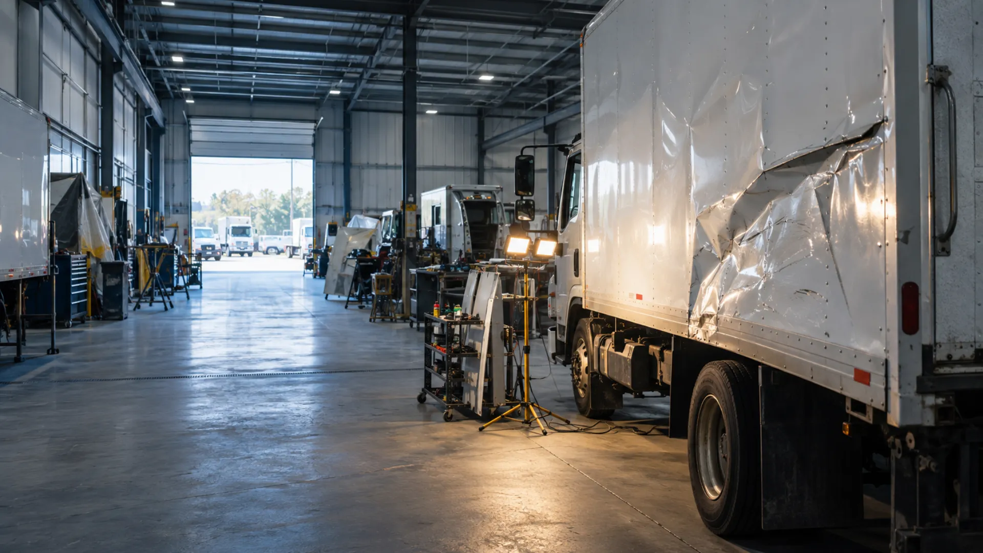 Commercial vehicle body shop bay with a damaged box truck awaiting AI damage estimation