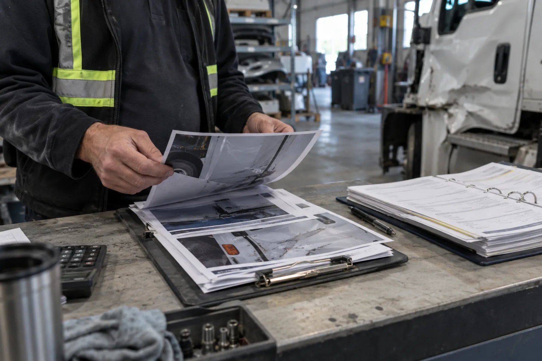 Estimator reviewing printed vehicle damage photographs by hand beside a dented truck door