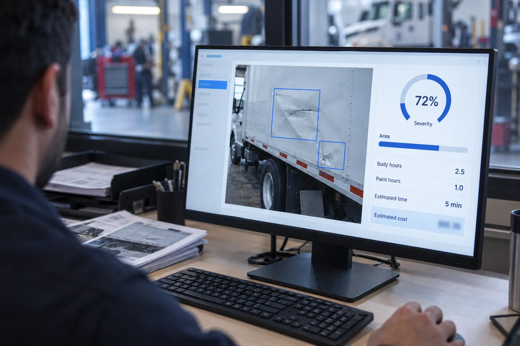 Estimation dashboard showing AI vehicle damage detection with severity, predicted hours, and cost fields