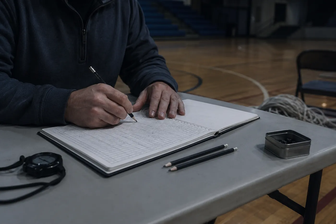 Scorer's table with a paper scorebook at a youth basketball game, the manual game tagging this replaced