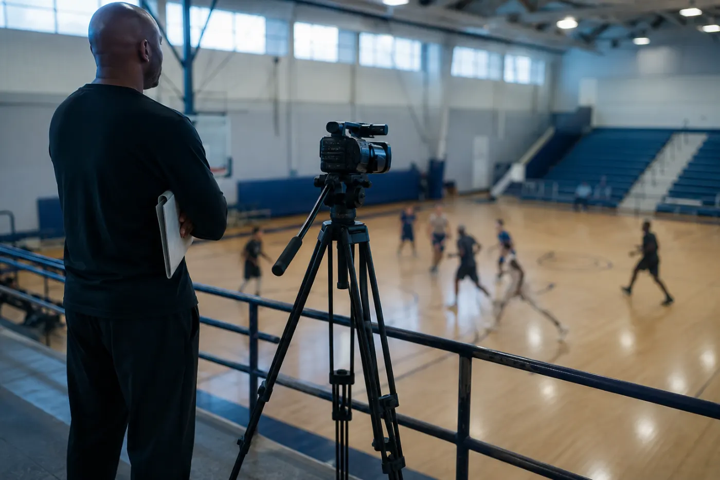 Camera on a tripod above a gym court recording an amateur game for automated basketball video analytics