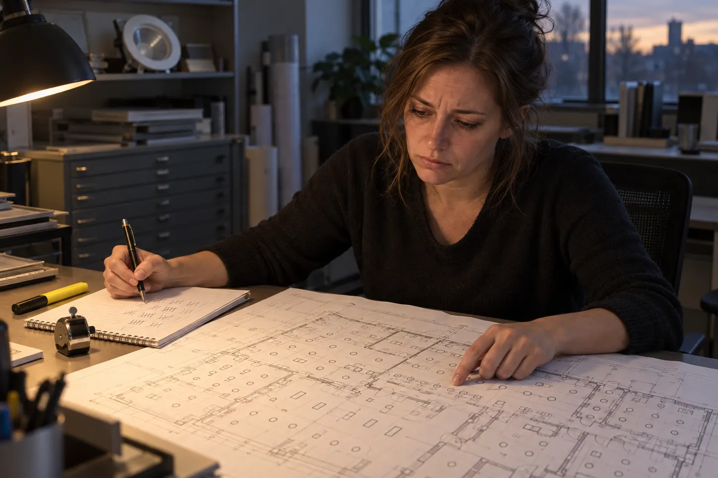 Estimator counting lighting fixtures by hand on a printed plan, frowning as she copies tallies onto a notepad