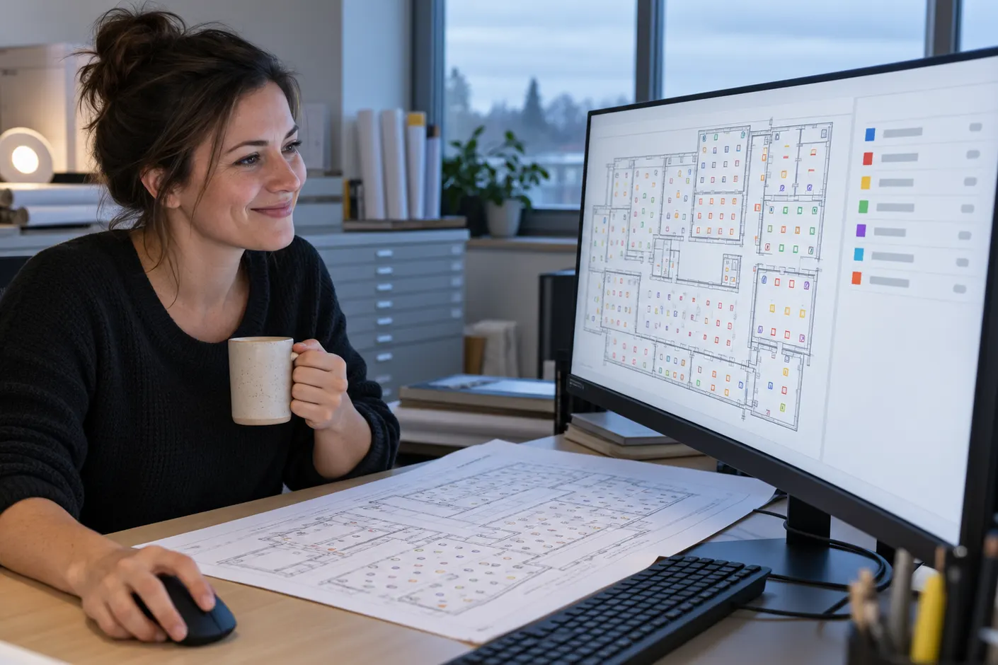 Estimator smiling at a web app showing a lighting plan with color-coded fixture detections & a count table