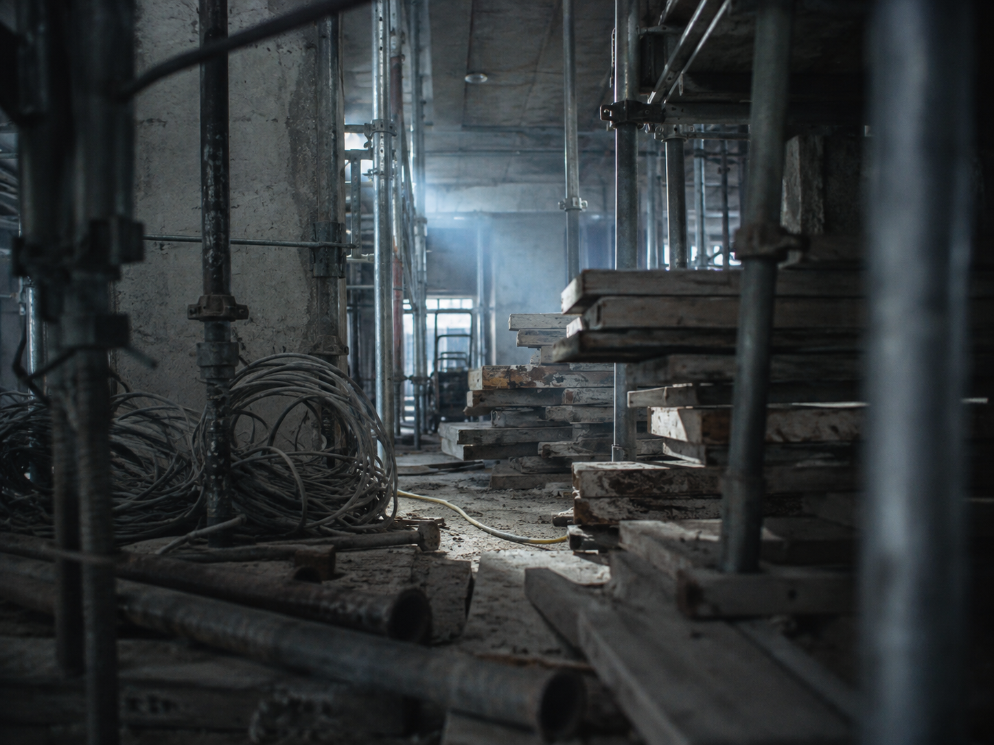 Cluttered concrete interior with scaffolding, the occlusion problem in construction progress tracking