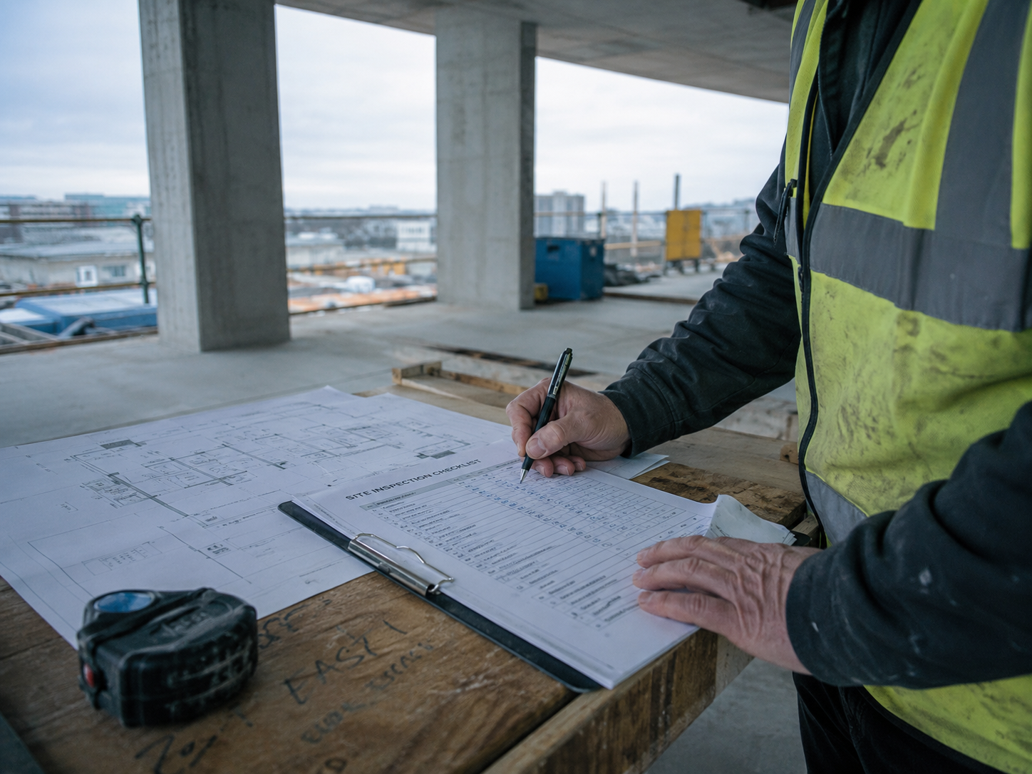 Site engineer marking a paper progress checklist by hand before automated progress tracking