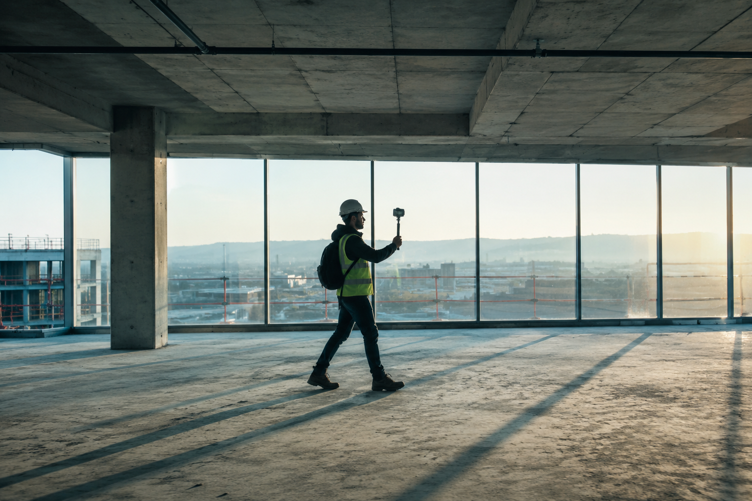 Engineer walking a floor with a 360-degree camera for as-built capture
