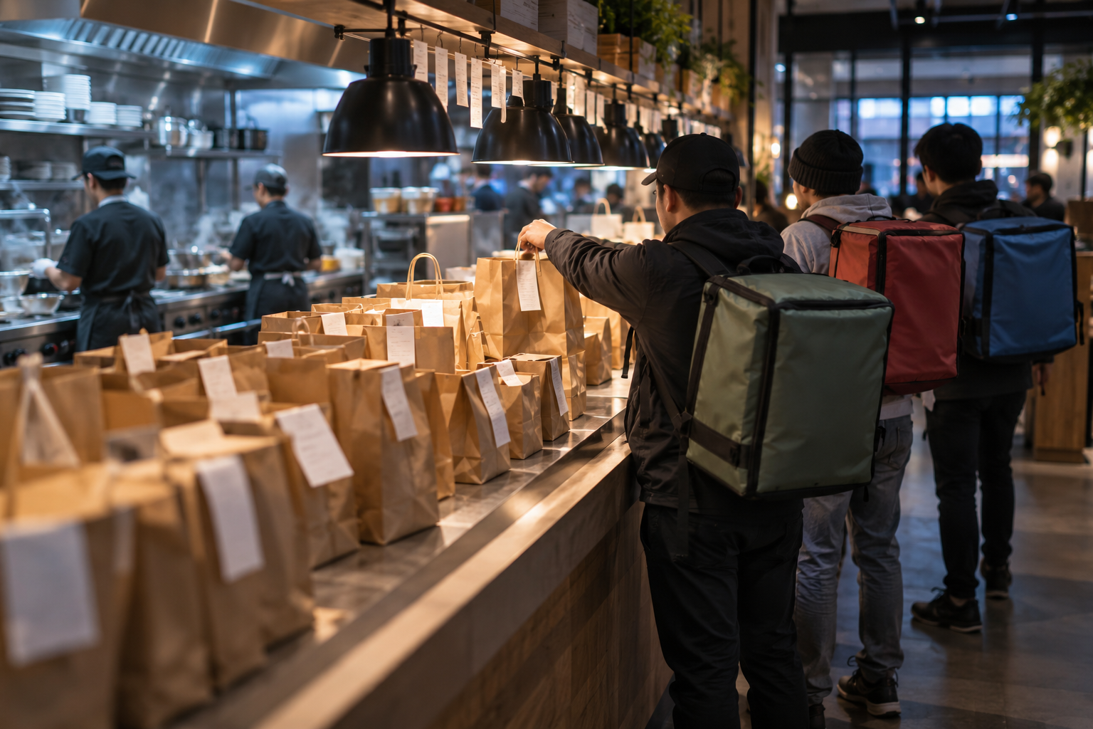 Restaurant kitchen pass with sealed delivery orders queued for courier pickup from food delivery platforms