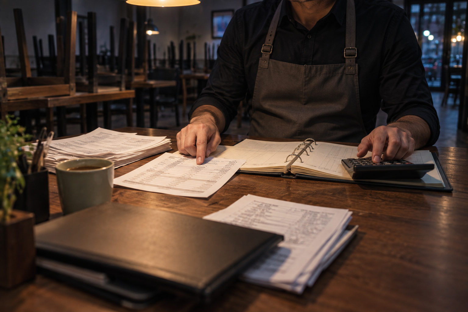 Finance clerk sorting printed delivery platform invoices by hand before invoice reconciliation was automated