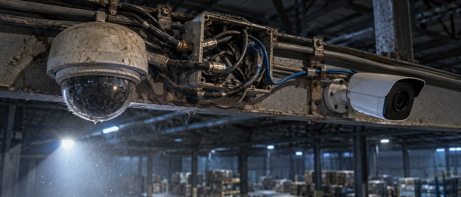A decades-old dome camera and a modern IP camera share one junction box on a warehouse gantry