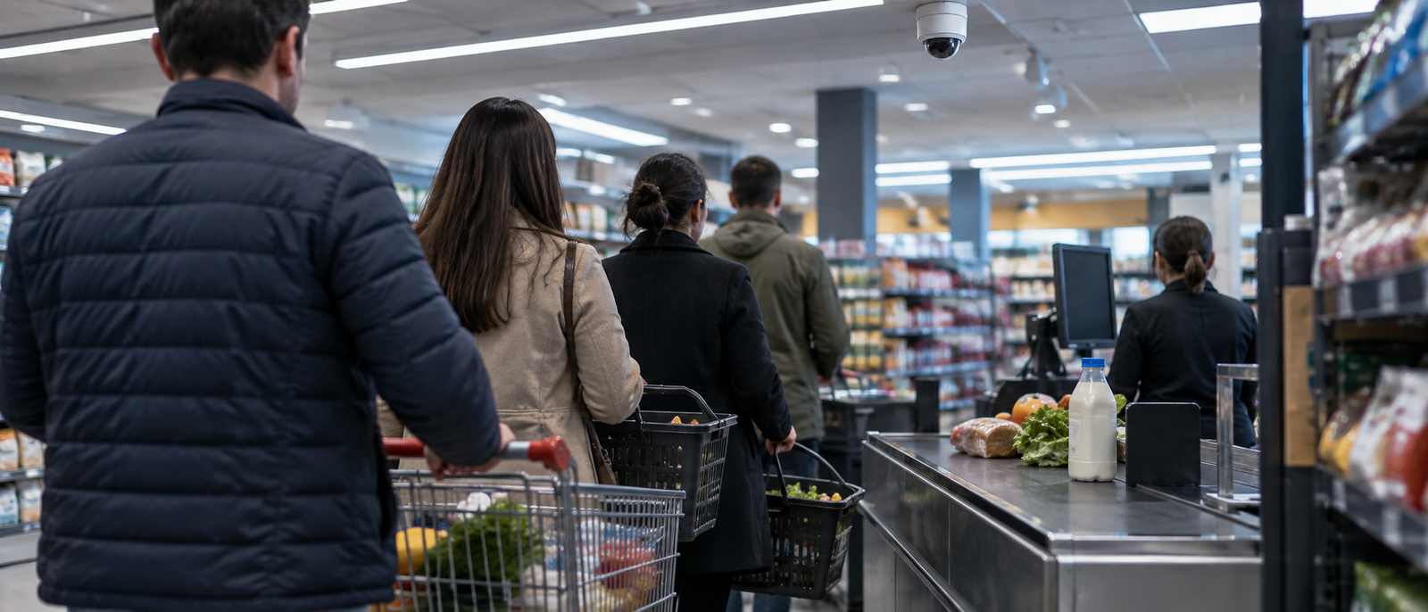 Shoppers queue at a supermarket checkout under a ceiling dome camera, a retail use of the same platform
