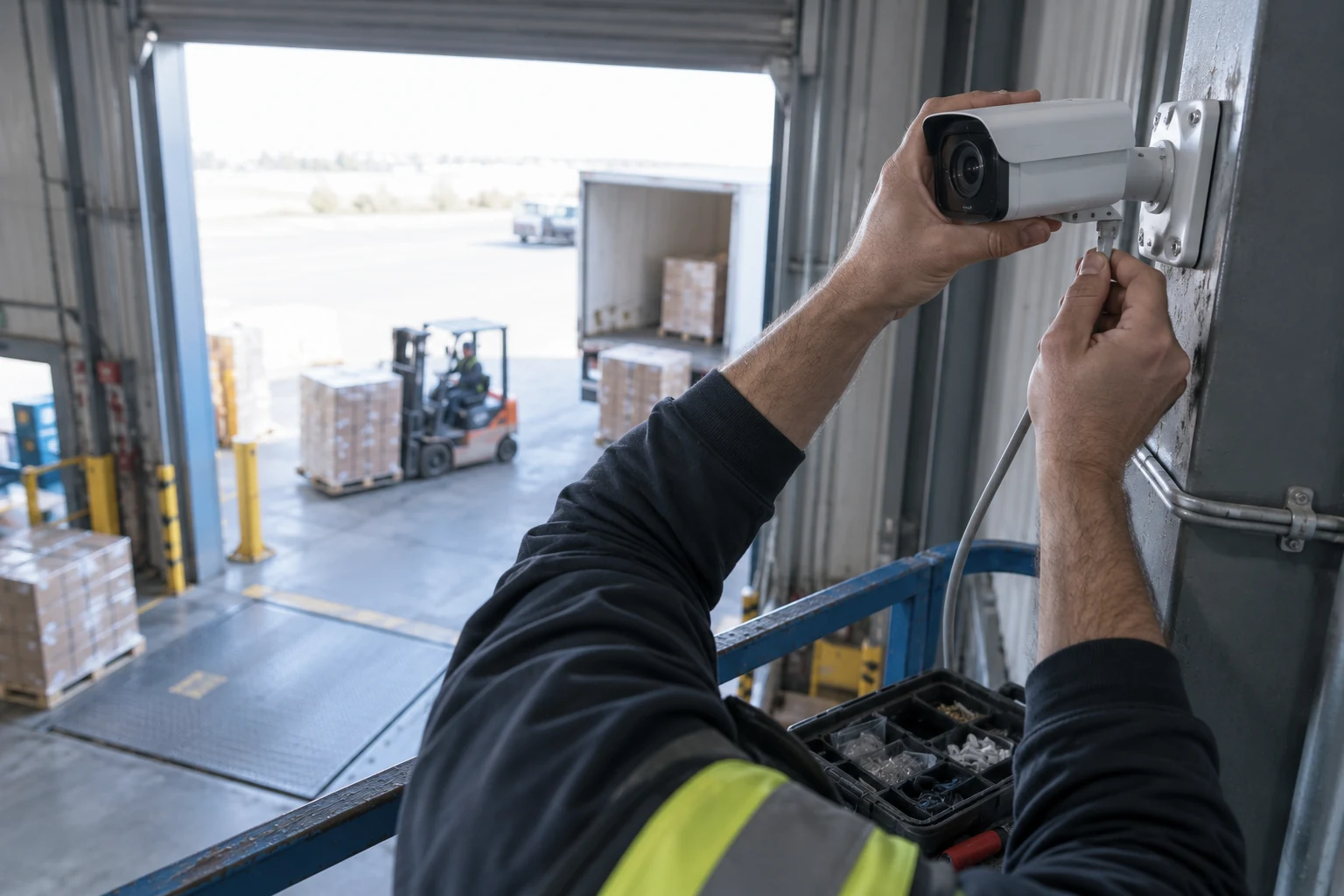 Technician mounting an IP camera above a loading dock, adding a stream to a computer vision platform