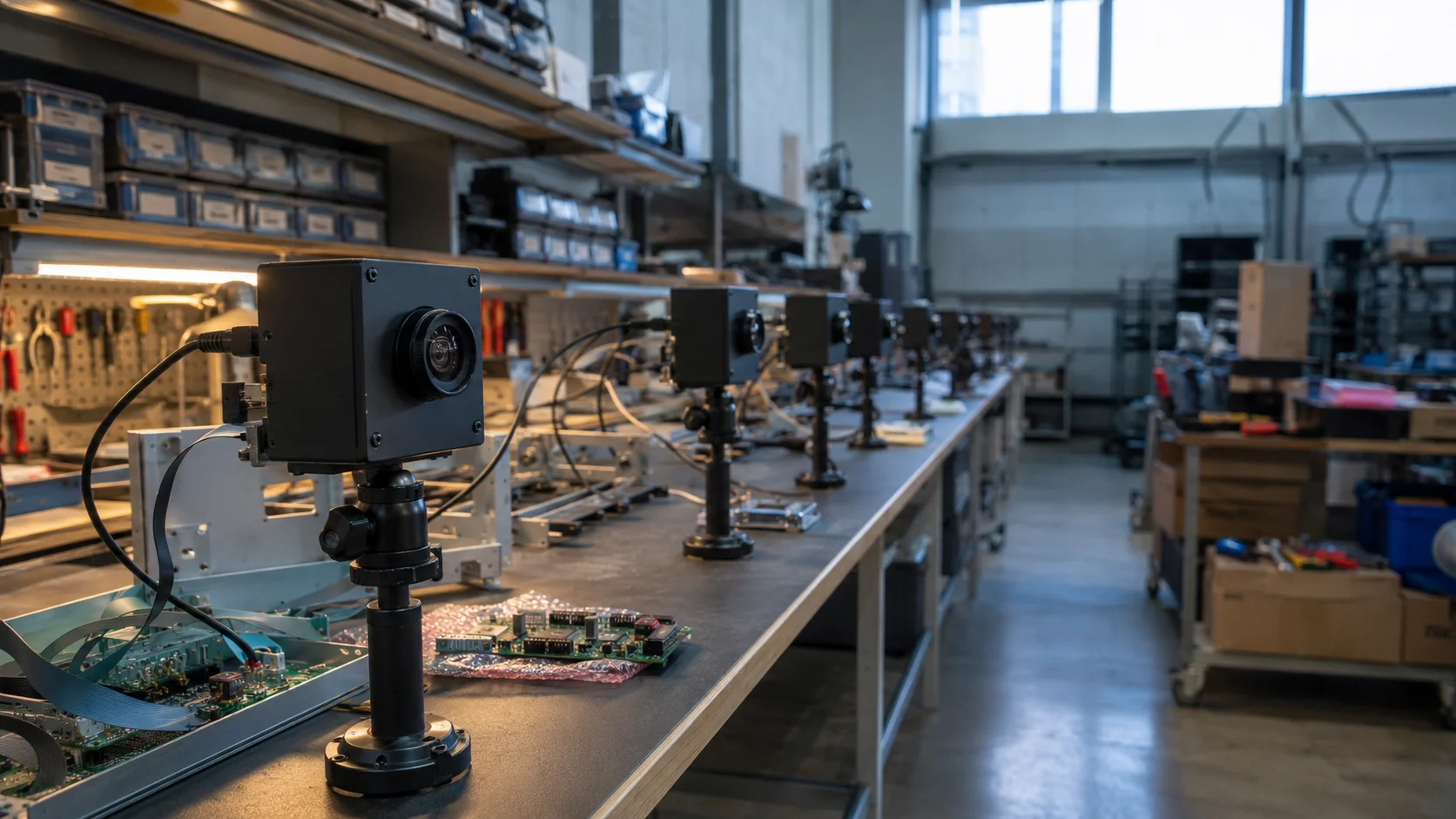 Embedded hardware lab bench with camera-equipped test units used for on-device object detection
