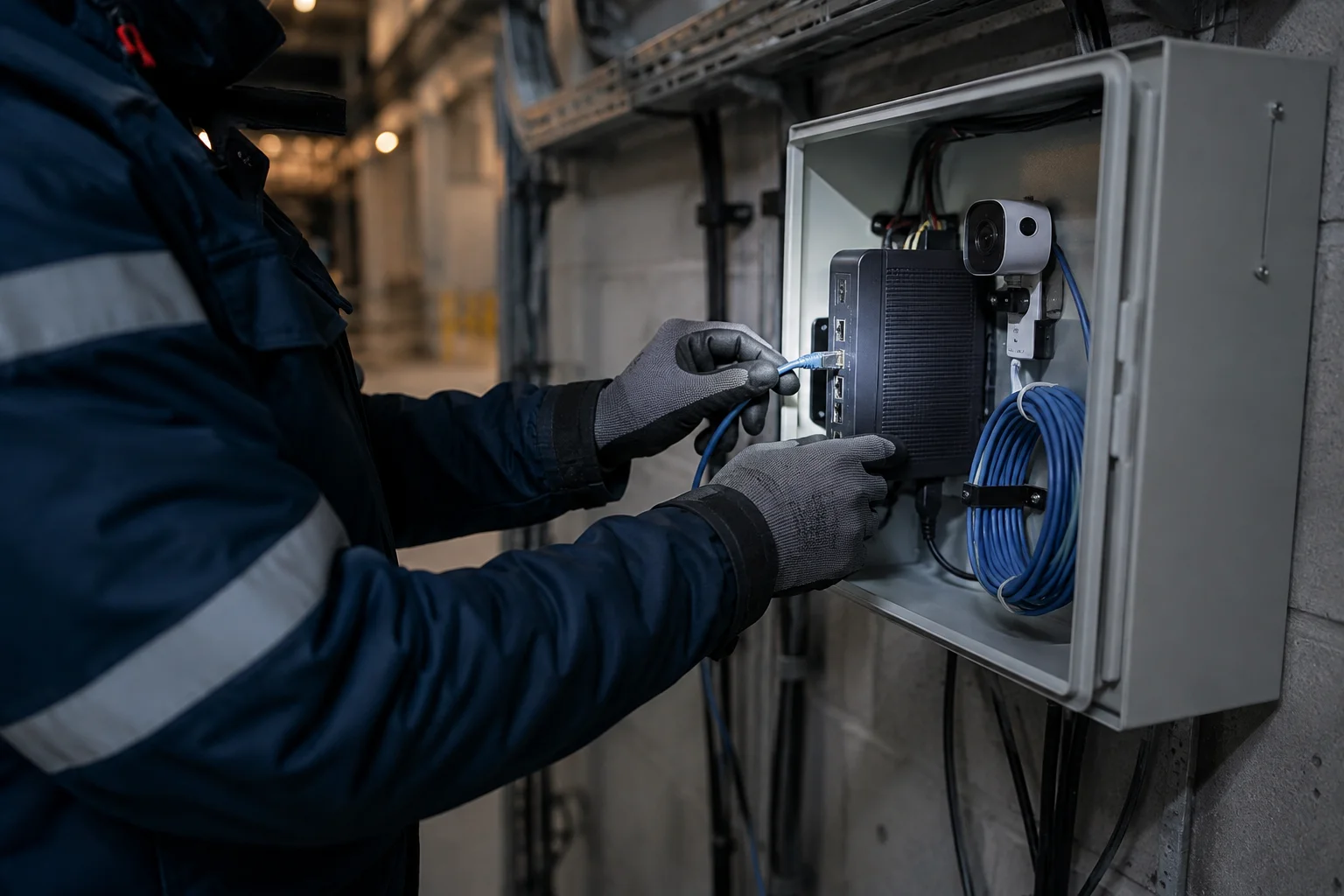 Technician seating a network cable into a cellular gateway, the uplink cloud inference depended on