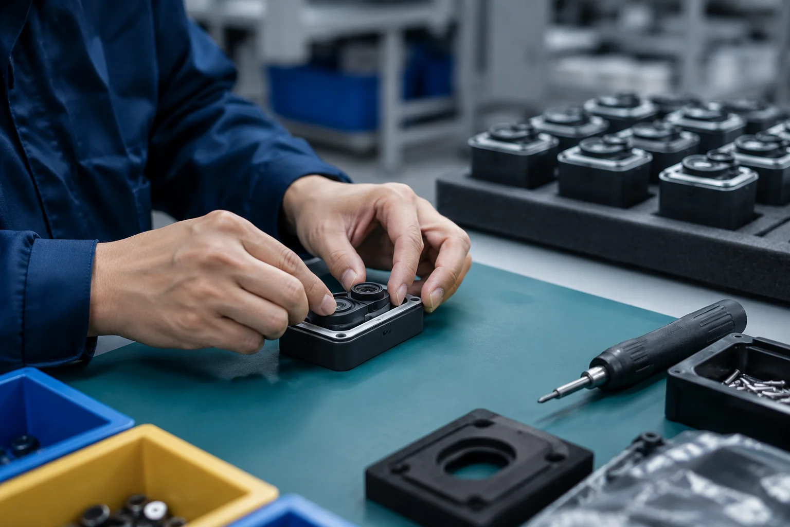Assembler fitting a lens module into a device housing on an embedded computer vision production bench