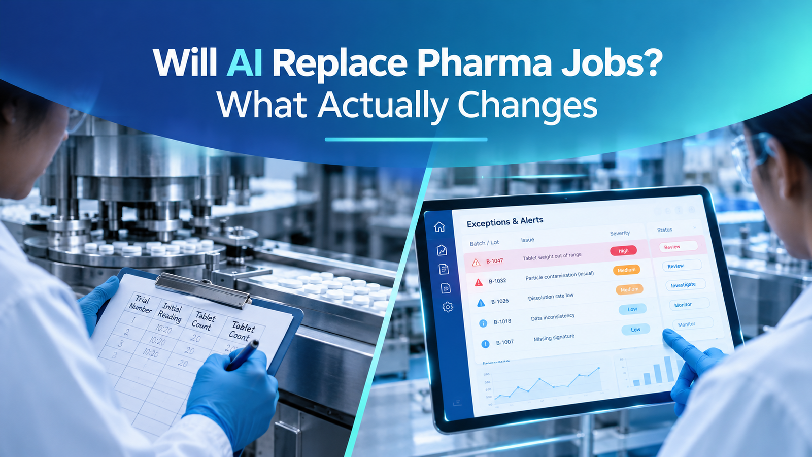 Pharma operator's work before and after AI assistance — the human role in GMP manufacturing stays while transcription tasks change