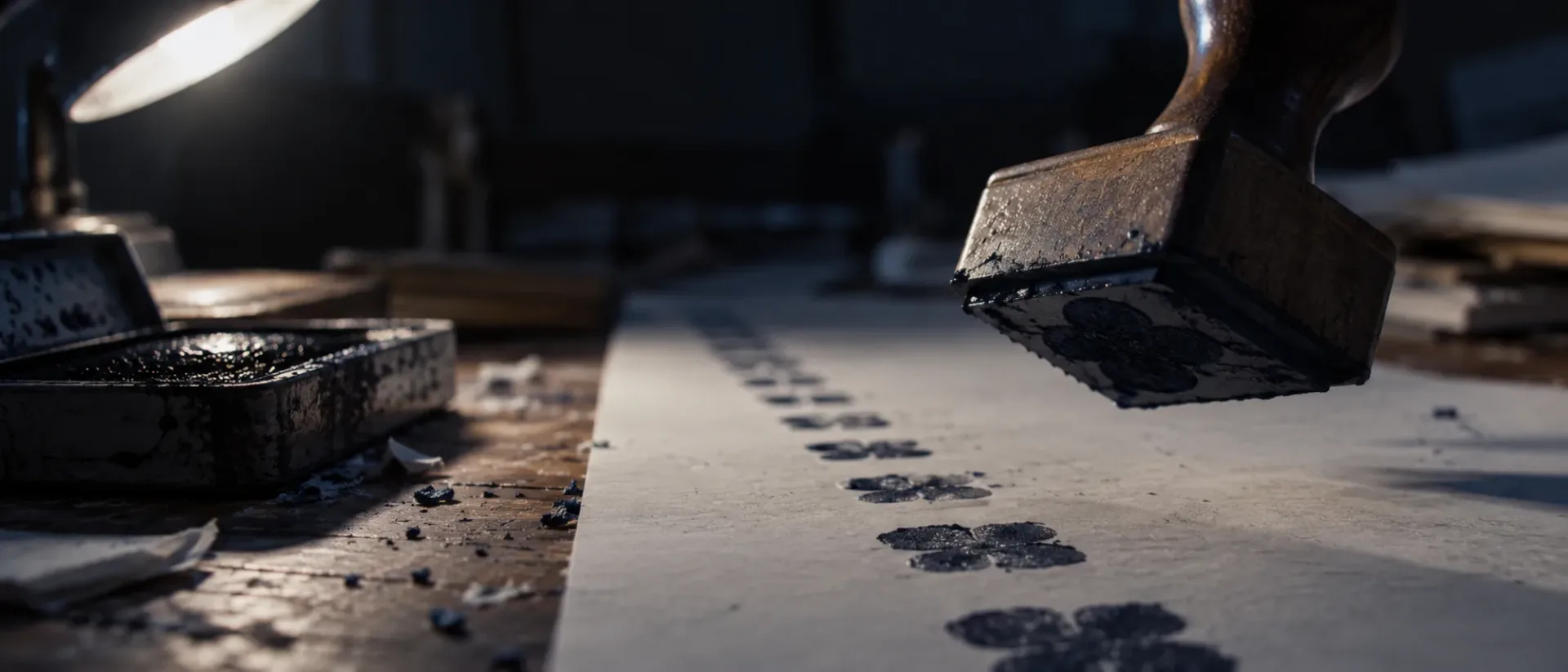 Rubber stamp leaving a row of identical marks, the shape of ad variations that never varied