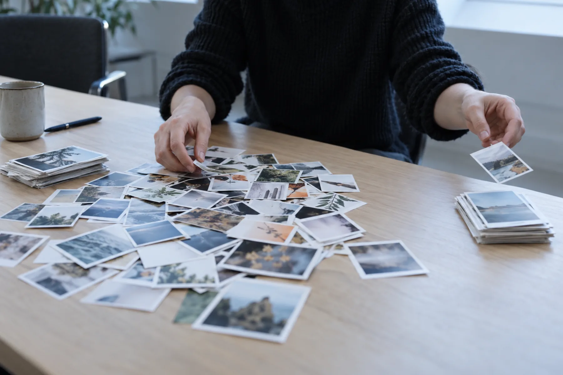 Marketer sorting printed ad creative frames into two piles to choose which variations to test