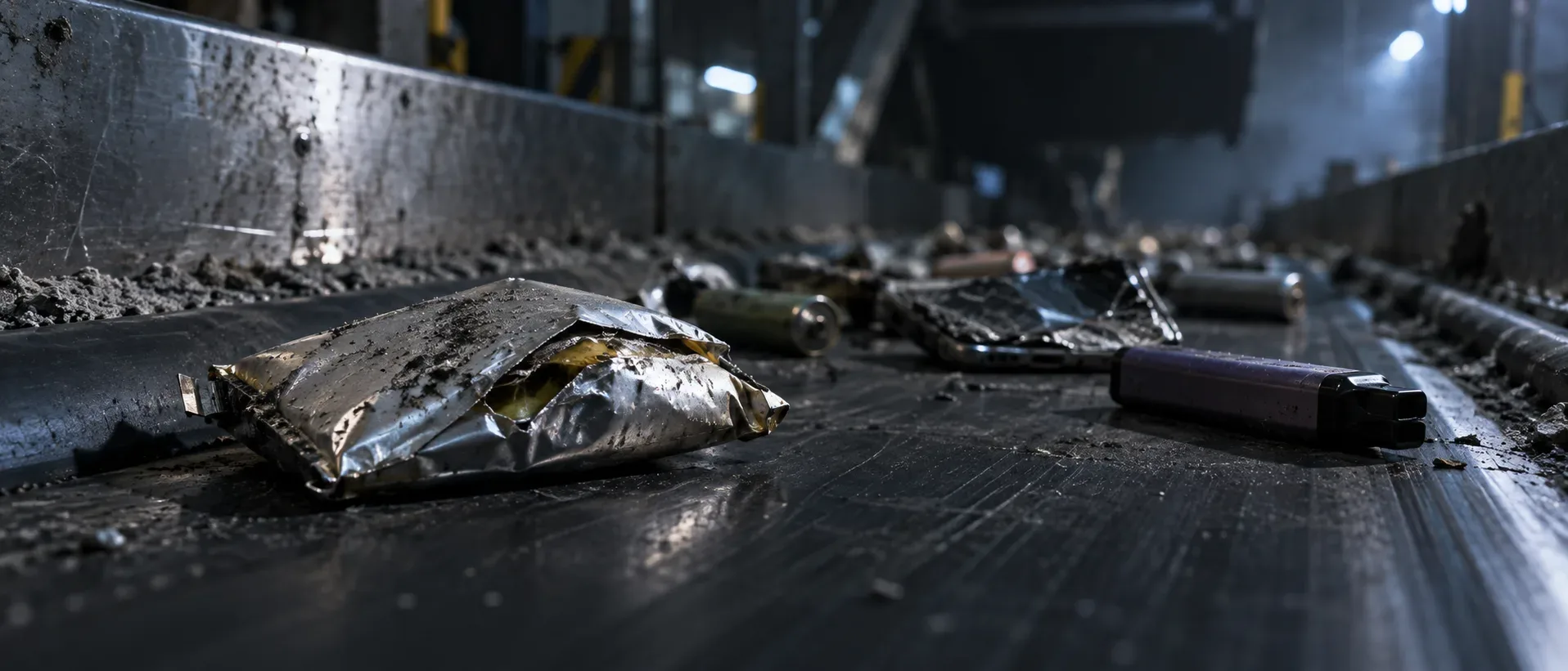 Swollen lithium-ion pouch cell among mixed batteries on a conveyor under harsh raking light