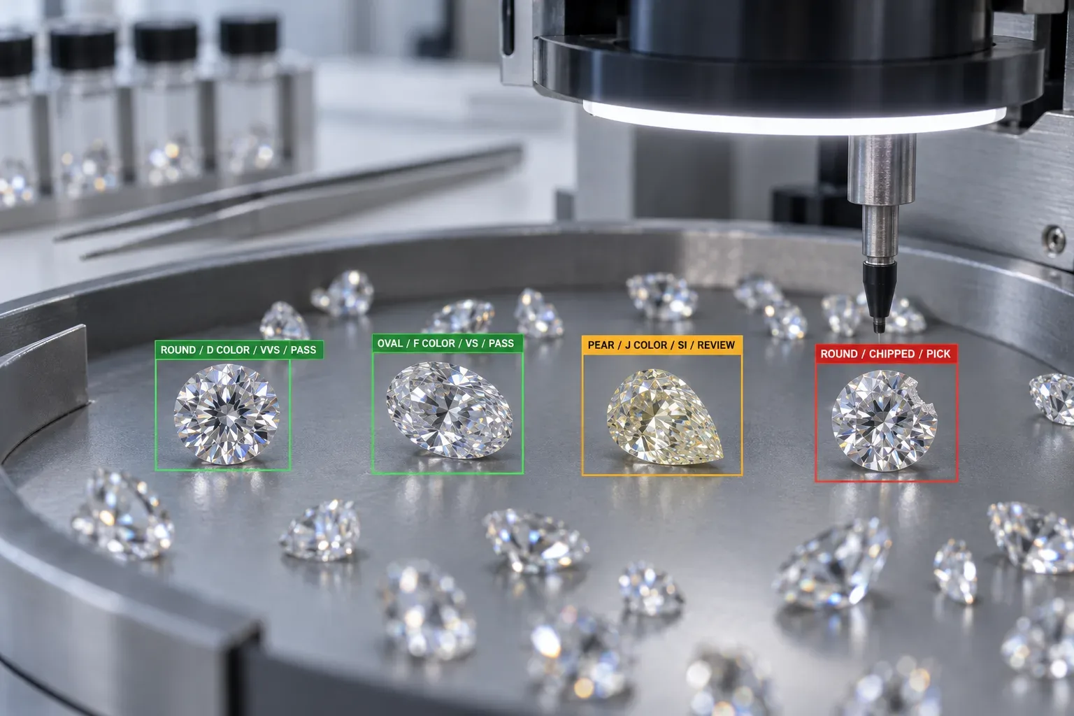 Loose diamonds on a sorting plate under an inspection head, each stone tagged with labels & one verdict