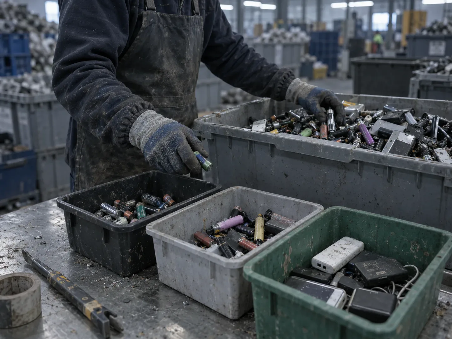Gloved hands sorting mixed spent batteries & small devices from a tote by eye at a recycling bench
