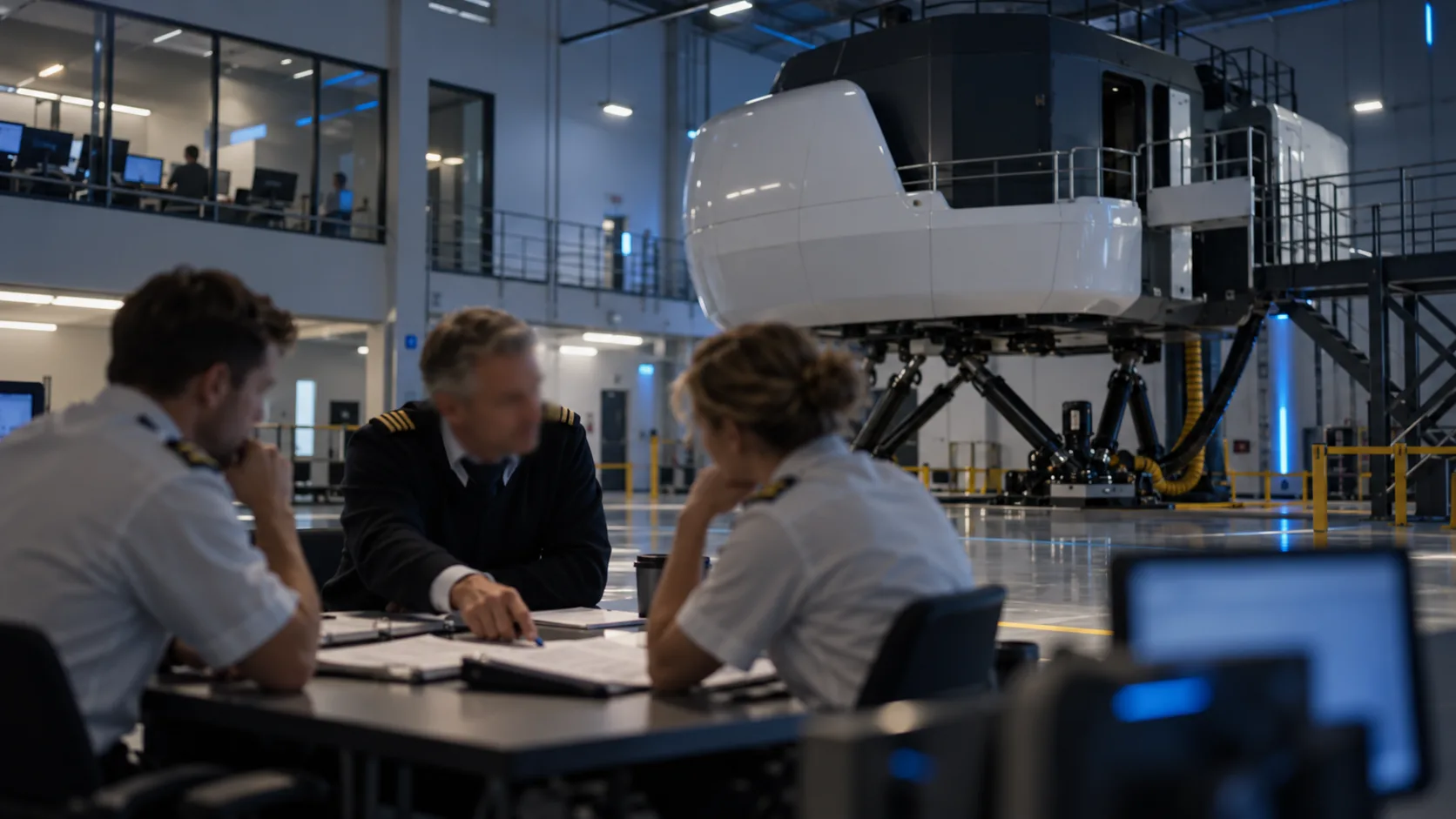 Airline crew reviewing a simulator training session with an instructor at a debrief table