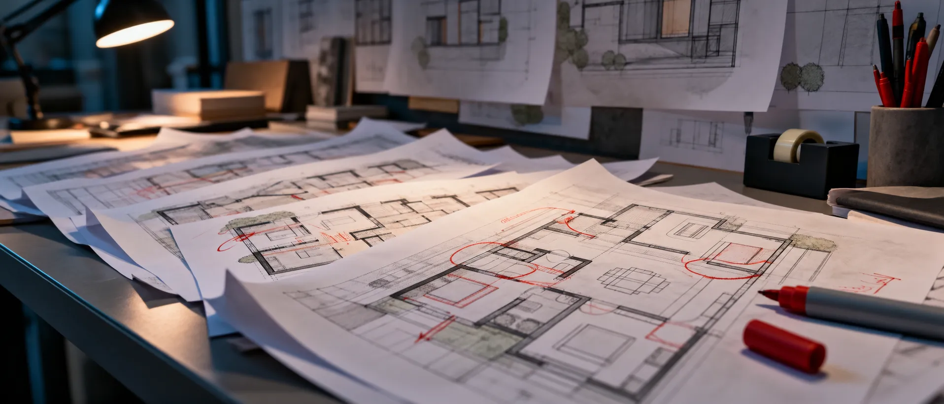 Stacked hand-marked floor plan revision sets under a desk lamp, the manual iteration cycle