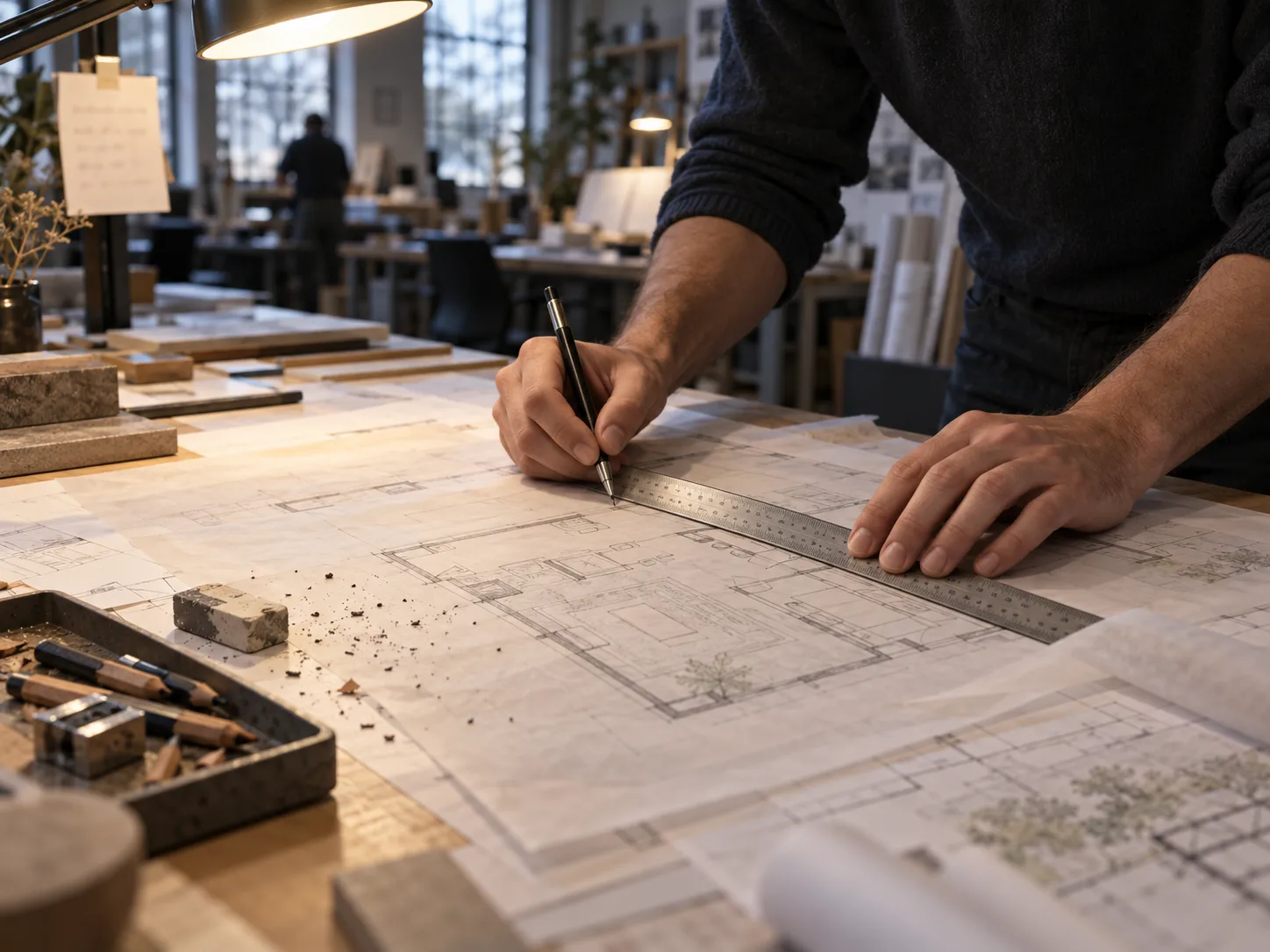 Architect's hands revising a residential floor plan with a scale ruler on tracing paper