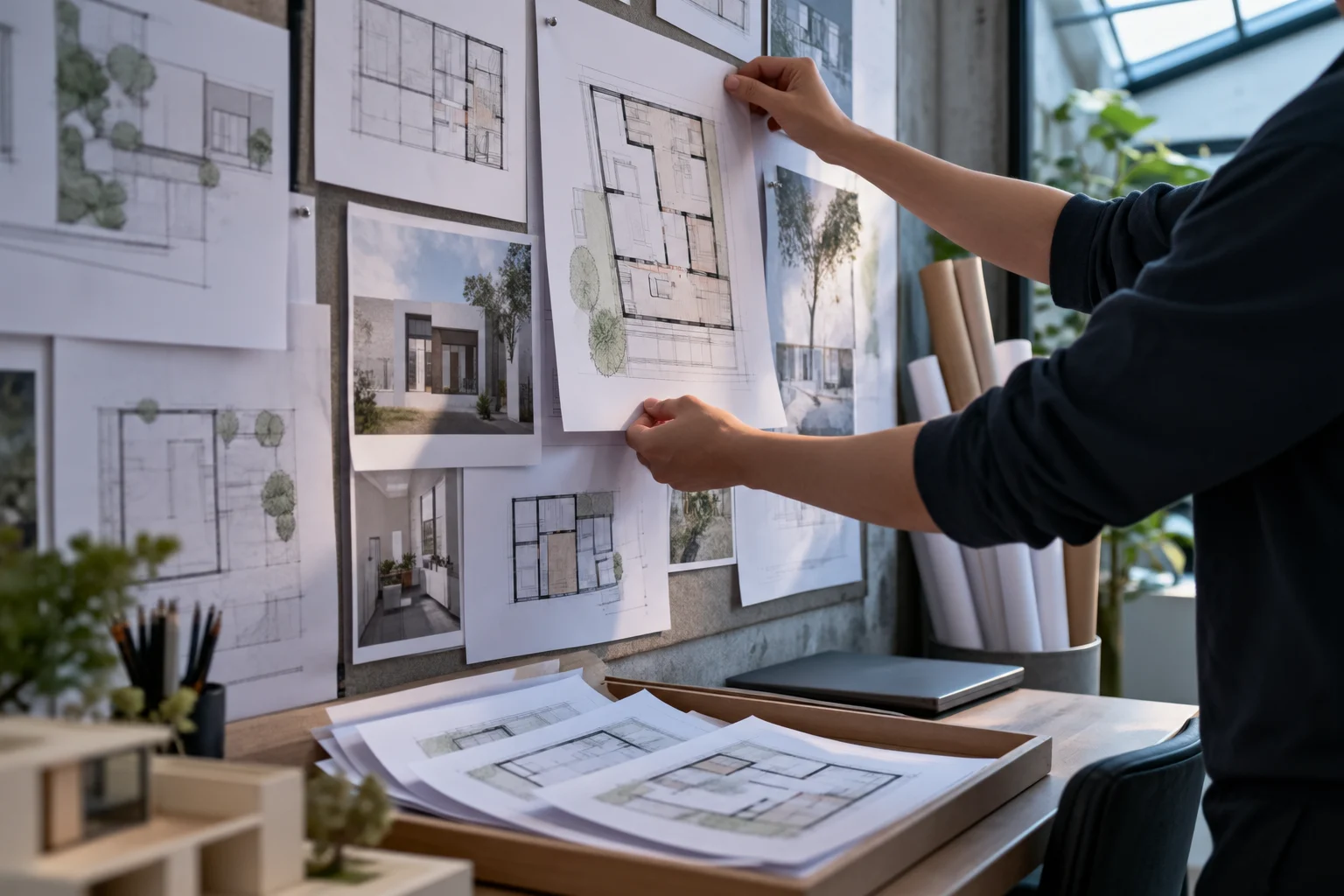 Designer pinning an AI-generated floor plan printout to a review board in a design studio