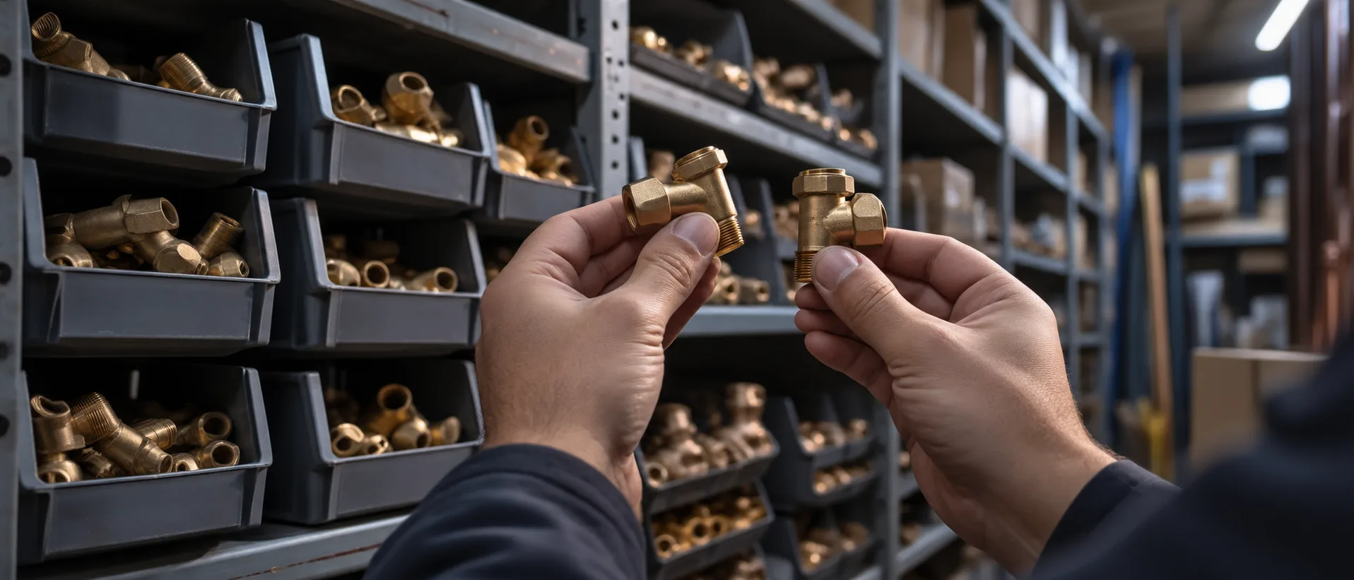 Bins of near-identical pipe fittings in low light, the duplicate matching problem in a materials catalog