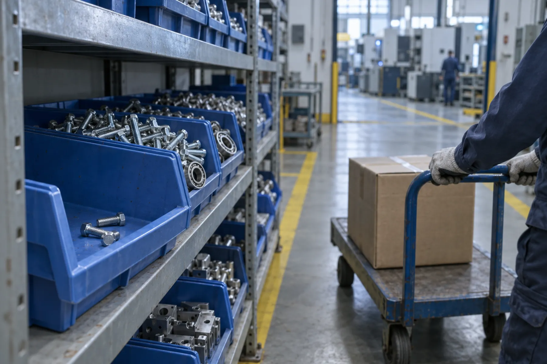 Blue parts bins of bolts & fittings on warehouse racking beside a loaded trolley, the stock AI procurement automation reorders
