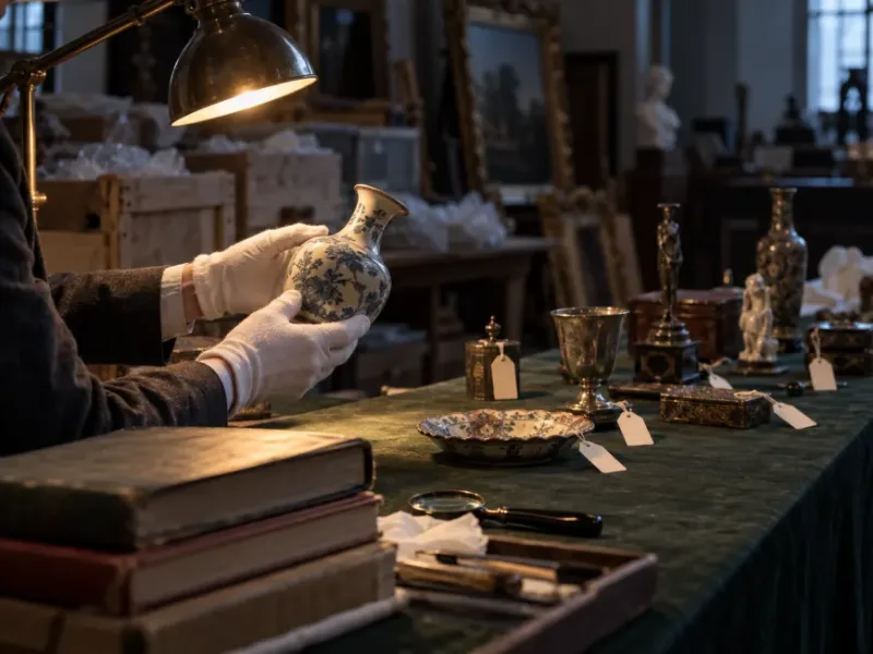 Auction specialist examining a consigned vase beside tagged lots, the manual comparable research behind every estimate