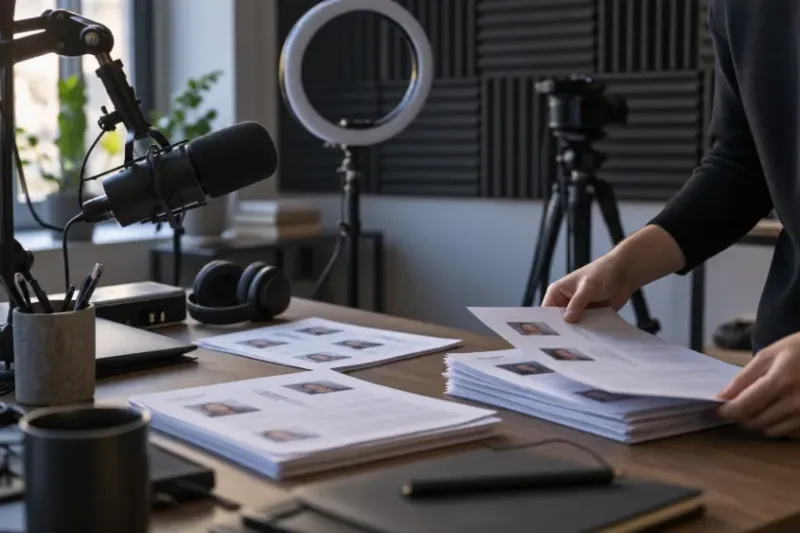 Podcast microphone & ring light over printed creator profiles, manual influencer vetting before a campaign