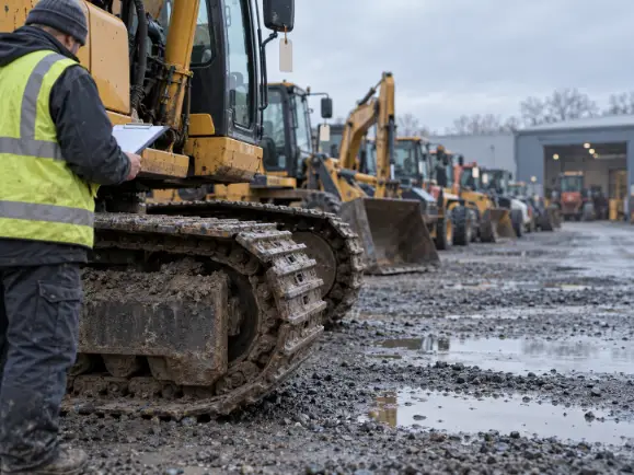 Appraiser with clipboard beside used excavators in a dealer yard, manual heavy equipment valuation before automation