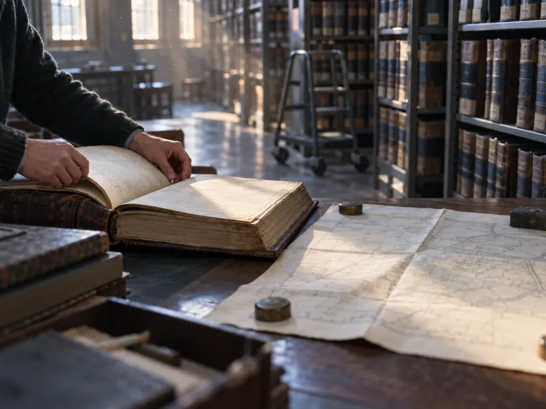 Hands opening a leather deed ledger in a county records room, the manual title search behind every chain of title