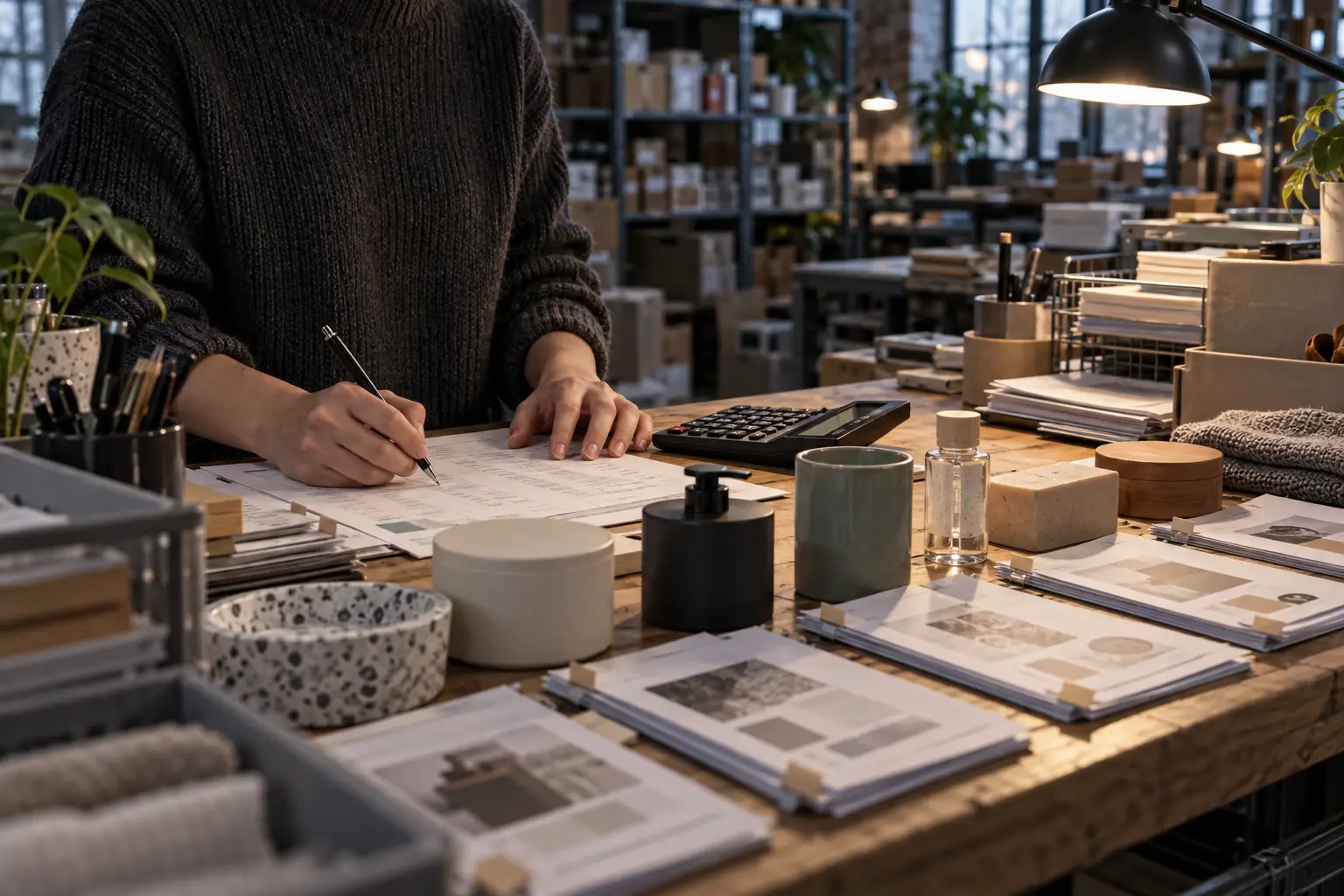 Analyst manually transferring keyword research figures into a paper worksheet beside stacked printouts